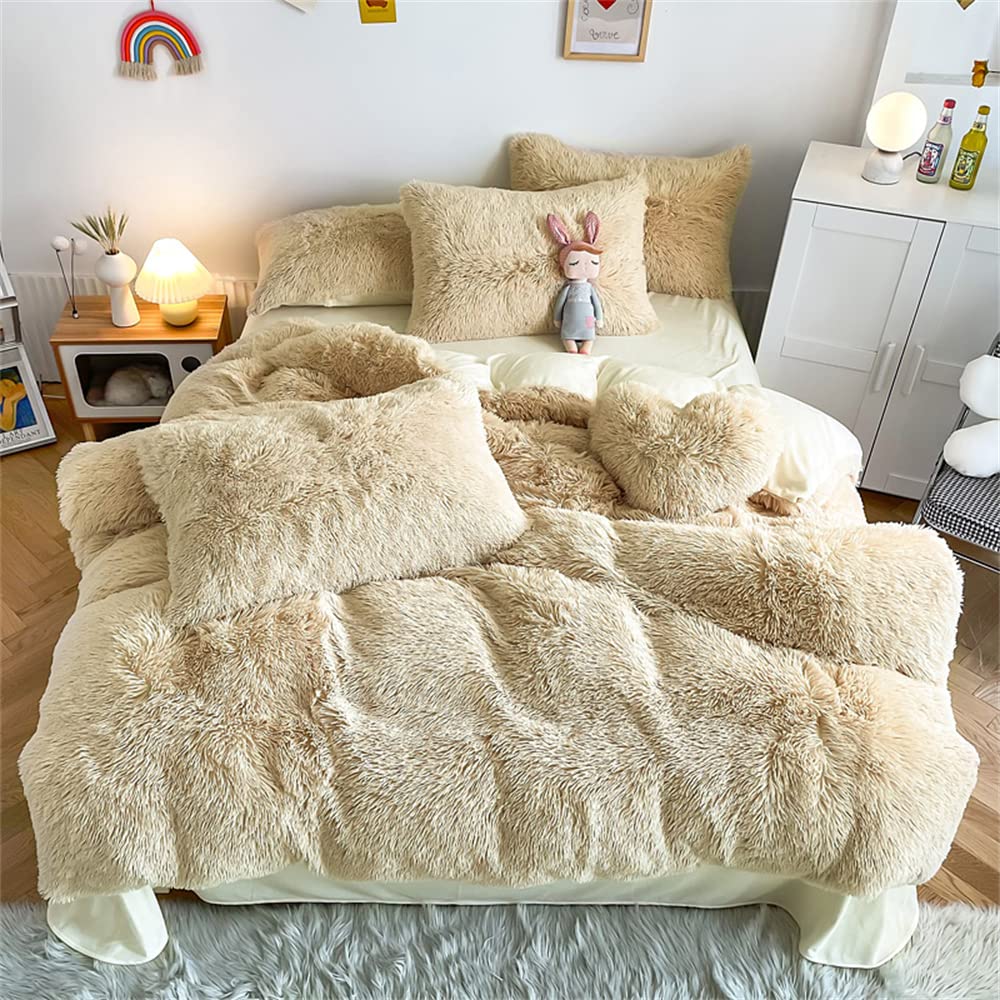 Chovy Faux Fur Plush Light Khaki Comforter Sets Queen - Ultra Soft Shaggy Flannel Velvet Fluffy Fuzzy 3Pc Bedding Set (Comforter
